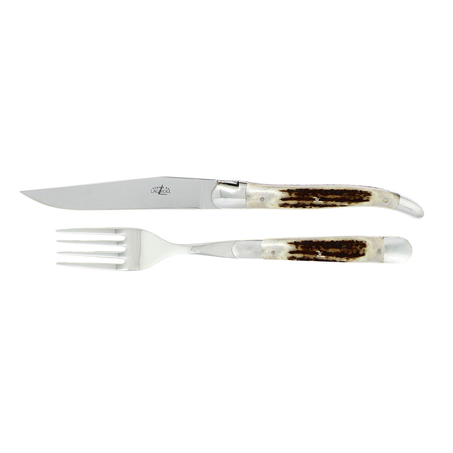 FORGE DE LAGUIOLE | Table Knife & Fork, Set of 2, Deep Antler Handle, Shiny Finish
